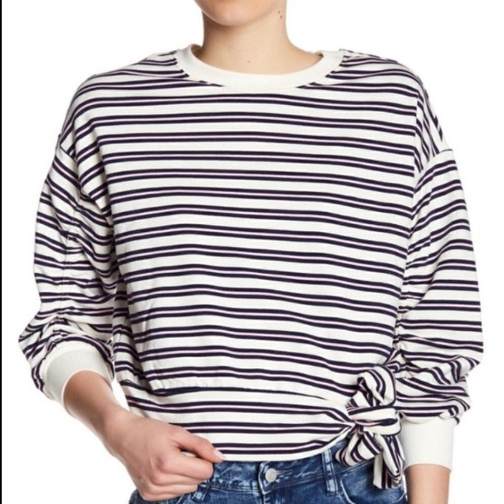 NWT Kensie Jeans Striped Tie Waist Shirred Sleeve Sweatshirt size Small Striped
